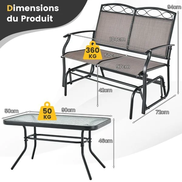 Salon de Jardin 2 Pièces avec Table Basse en Verre Trempé Causeuse à Bascule Charge 360KG Ensemble de Mobilier de Terrasse 2 Places Marron