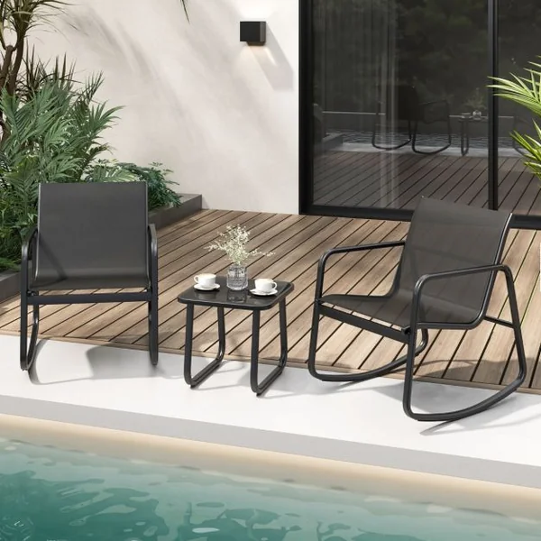 Salon de Jardin 3 Pcs en Métal+Textilène Ensemble Chaises à Bascule et Table en Verre Trempé 2 Personnes Piscine Balcon