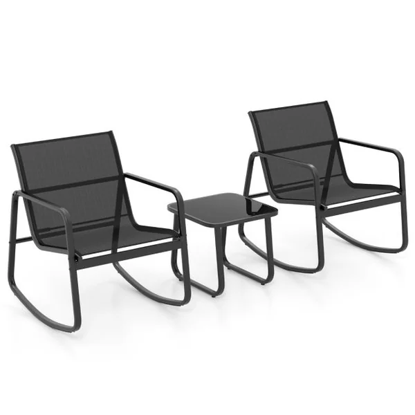 Salon de Jardin 3 Pcs en Métal+Textilène Ensemble Chaises à Bascule et Table en Verre Trempé 2 Personnes Piscine Balcon