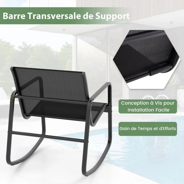 Salon de Jardin 3 Pcs en Métal+Textilène Ensemble Chaises à Bascule et Table en Verre Trempé 2 Personnes Piscine Balcon