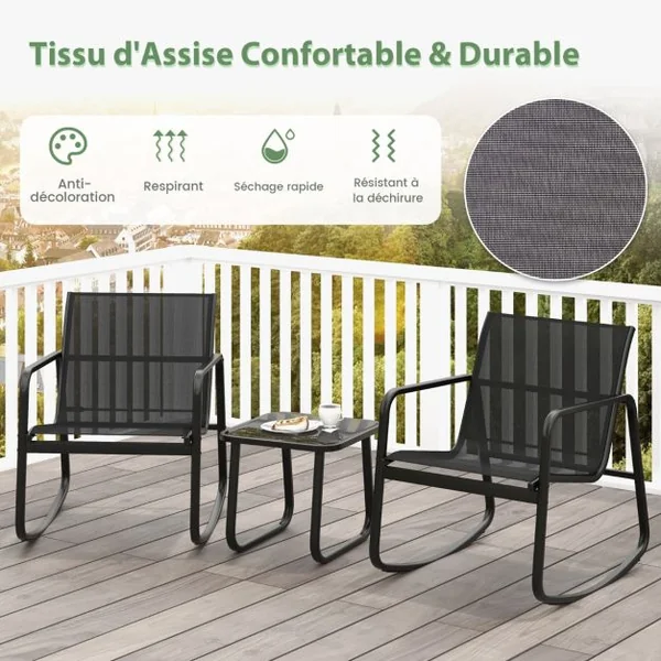 Salon de Jardin 3 Pcs en Métal+Textilène Ensemble Chaises à Bascule et Table en Verre Trempé 2 Personnes Piscine Balcon