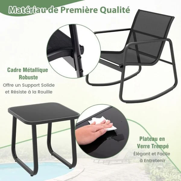 Salon de Jardin 3 Pcs en Métal+Textilène Ensemble Chaises à Bascule et Table en Verre Trempé 2 Personnes Piscine Balcon