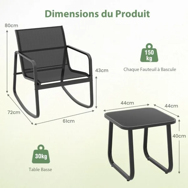Salon de Jardin 3 Pcs en Métal+Textilène Ensemble Chaises à Bascule et Table en Verre Trempé 2 Personnes Piscine Balcon