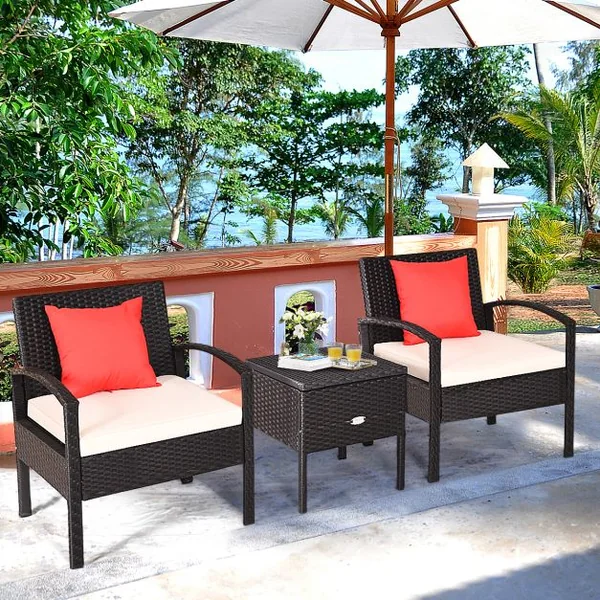 Salon de Jardin - 3 Pièces 2 Coussins, Rotin PE - 2 Fauteuils et Table Basse avec Espace de Rangement Discret Marron+Beige
