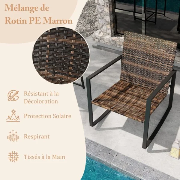 Salon de Jardin 3 Pièces en Rotin Chaises à Bascule de Véranda Ensemble de Meuble avec Coussins et Table Basse en Verre Trempé Blanc