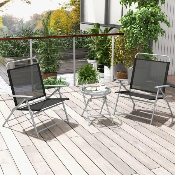 Salon de Jardin 3 Pièces pour Patio Cadre Métallique avec Table Basse en Verre Trempé Ensemble de Chaises et Table Pliantes Portables Noir