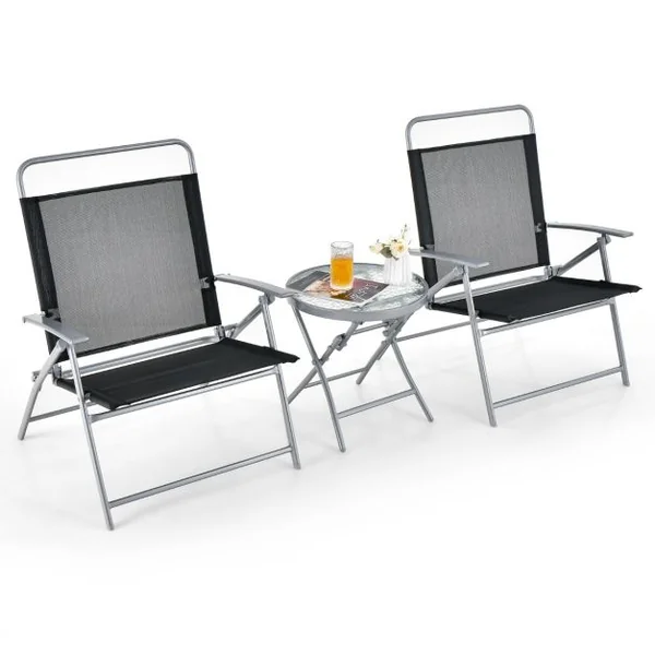 Salon de Jardin 3 Pièces pour Patio Cadre Métallique avec Table Basse en Verre Trempé Ensemble de Chaises et Table Pliantes Portables Noir