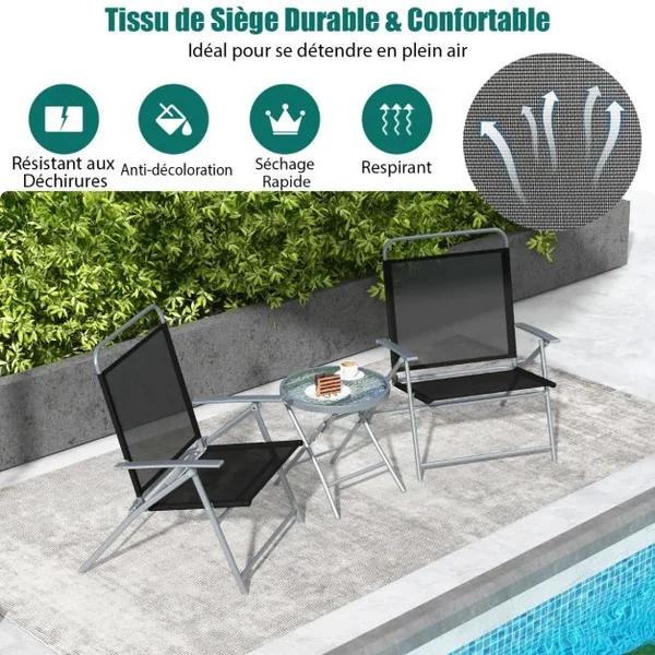 Salon de Jardin 3 Pièces pour Patio Cadre Métallique avec Table Basse en Verre Trempé Ensemble de Chaises et Table Pliantes Portables Noir