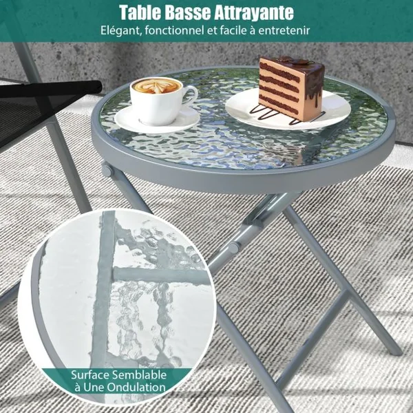 Salon de Jardin 3 Pièces pour Patio Cadre Métallique avec Table Basse en Verre Trempé Ensemble de Chaises et Table Pliantes Portables Noir