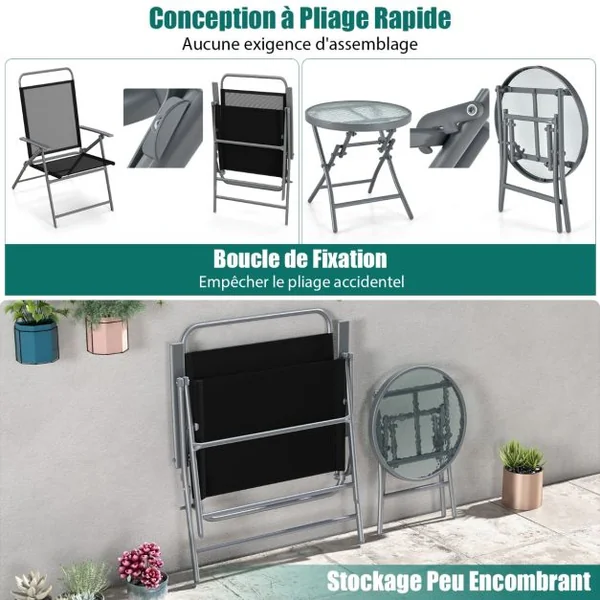 Salon de Jardin 3 Pièces pour Patio Cadre Métallique avec Table Basse en Verre Trempé Ensemble de Chaises et Table Pliantes Portables Noir