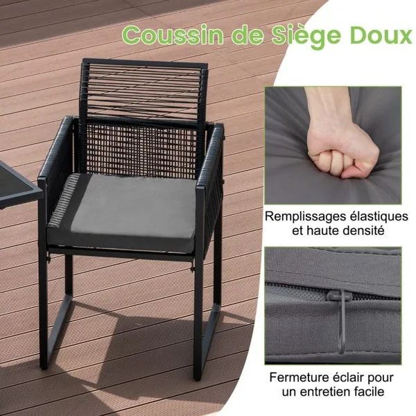 Salon de Jardin 3PCS Rotin PE Anti Soleil Dossier AMOVIBLE Pateau en Verre Trempé Cadre en Métal Style Urbain Gris