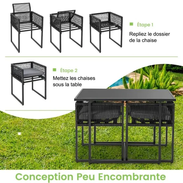 Salon de Jardin 3PCS Rotin PE Anti Soleil Dossier AMOVIBLE Pateau en Verre Trempé Cadre en Métal Style Urbain Gris