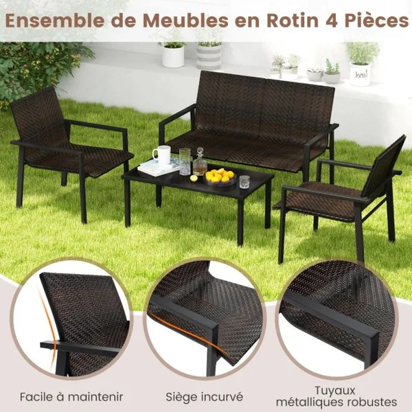 Salon de Jardin 4 Pièces en Osier Charge 150-300KG avec Cadre en Métal Galvanisé et Table Basse en Verre Trempé Marron/Noir
