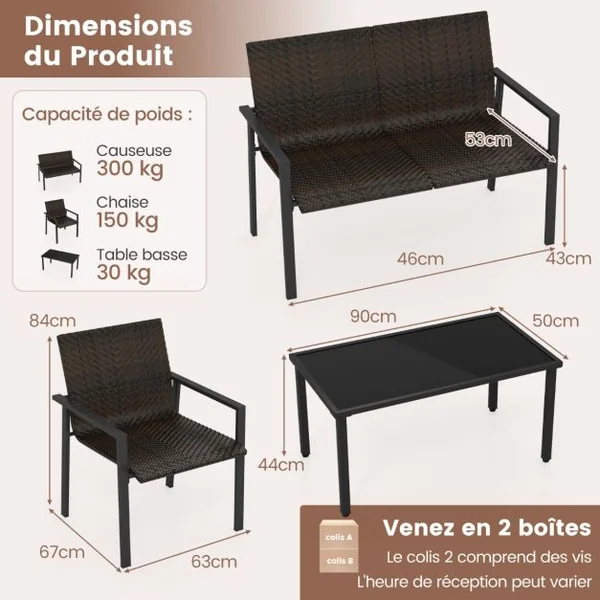 Salon de Jardin 4 Pièces en Osier Charge 150-300KG avec Cadre en Métal Galvanisé et Table Basse en Verre Trempé Marron/Noir