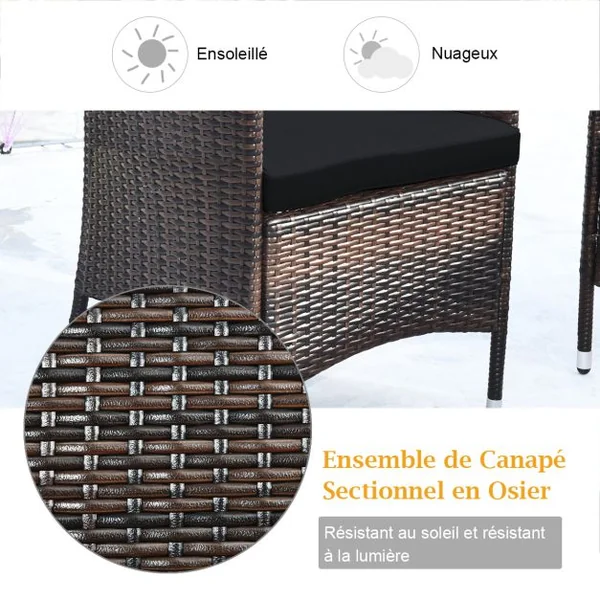 Salon de Jardin 4 Pièces en Rotin PE Charge 160-320KG Ensemble de Meubles d'Extérieur avec Coussins et Table Basse en Verre Trempé Noir