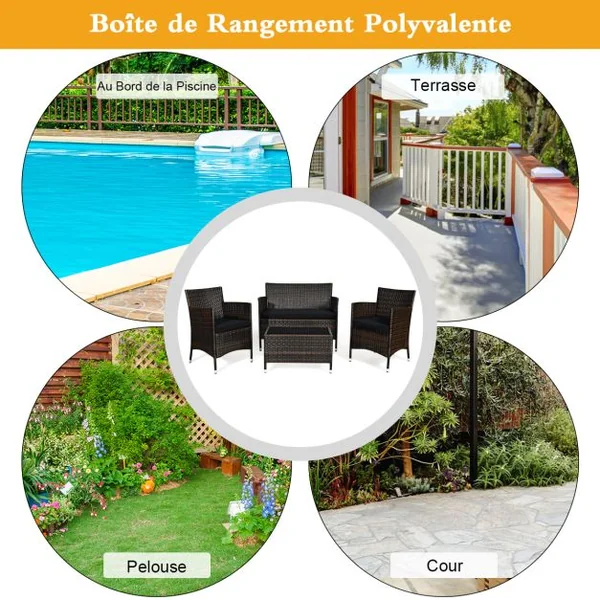 Salon de Jardin 4 Pièces en Rotin PE Charge 160-320KG Ensemble de Meubles d'Extérieur avec Coussins et Table Basse en Verre Trempé Noir