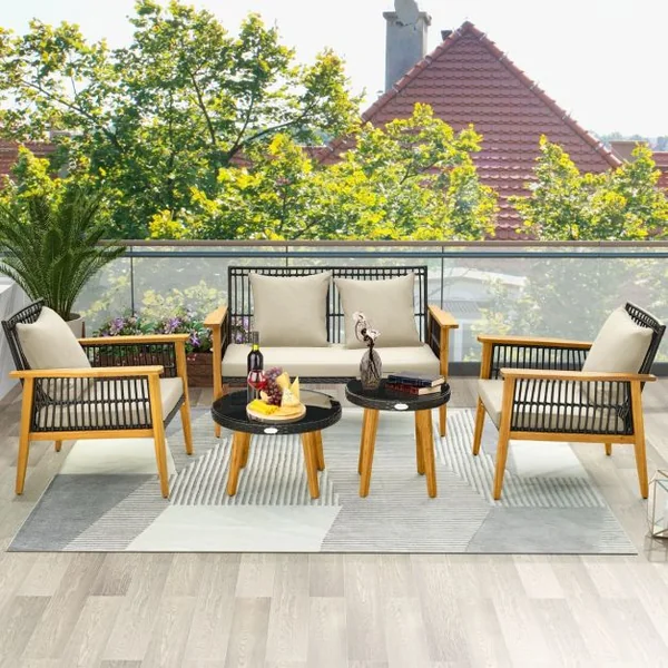Salon de Jardin 5 Pièces avec Causeuse 2 Chaises&2 Tables Basses Ensemble de Meuble Extérieur en Rotin Cadre en Bois d'Acacia pour Porche Marron
