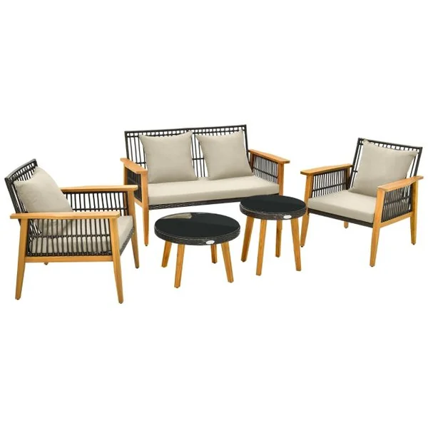 Salon de Jardin 5 Pièces avec Causeuse 2 Chaises&2 Tables Basses Ensemble de Meuble Extérieur en Rotin Cadre en Bois d'Acacia pour Porche Marron