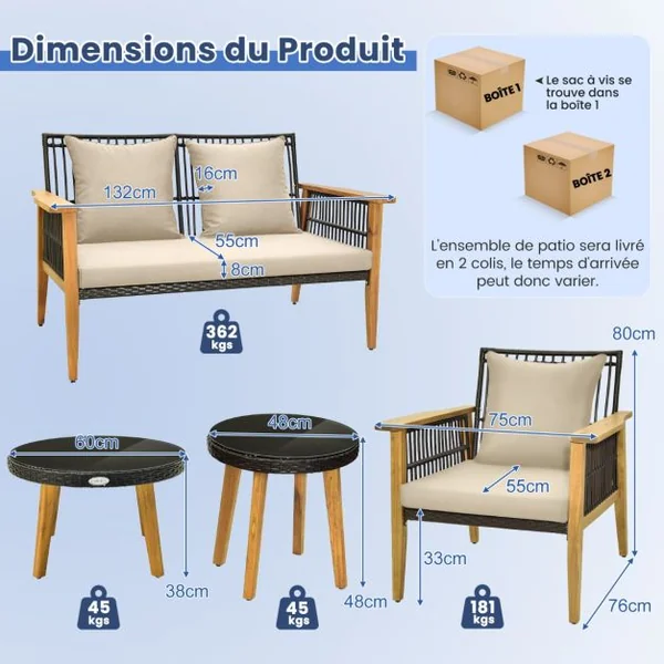 Salon de Jardin 5 Pièces avec Causeuse 2 Chaises&2 Tables Basses Ensemble de Meuble Extérieur en Rotin Cadre en Bois d'Acacia pour Porche Marron