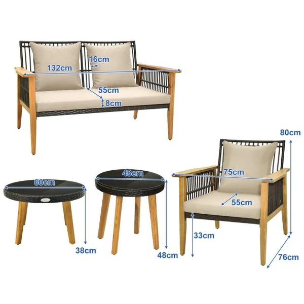 Salon de Jardin 5 Pièces avec Causeuse 2 Chaises&2 Tables Basses Ensemble de Meuble Extérieur en Rotin Cadre en Bois d'Acacia pour Porche Marron