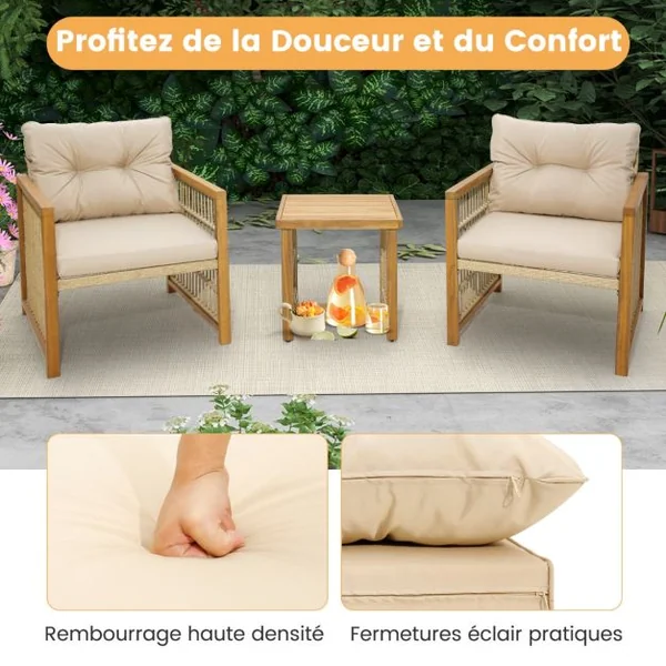 Salon de Jardin avec 1 Table et 2 Fauteuils en Bois d'Acacia et Rotin Anti-UV Pieds Réglables Coussins avec Zip Nautel