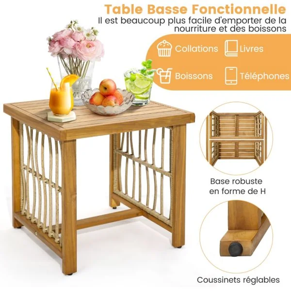 Salon de Jardin avec 1 Table et 2 Fauteuils en Bois d'Acacia et Rotin Anti-UV Pieds Réglables Coussins avec Zip Nautel