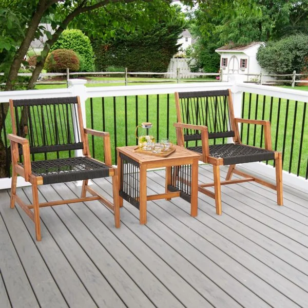 Salon de Jardin en Bois d’Acacia et en Plastique 2 Fauteuils et 1 Table Basse Résistante aux Intempéries Charge 160KG