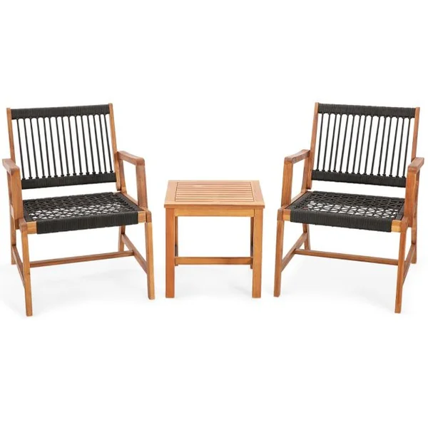 Salon de Jardin en Bois d’Acacia et en Plastique 2 Fauteuils et 1 Table Basse Résistante aux Intempéries Charge 160KG