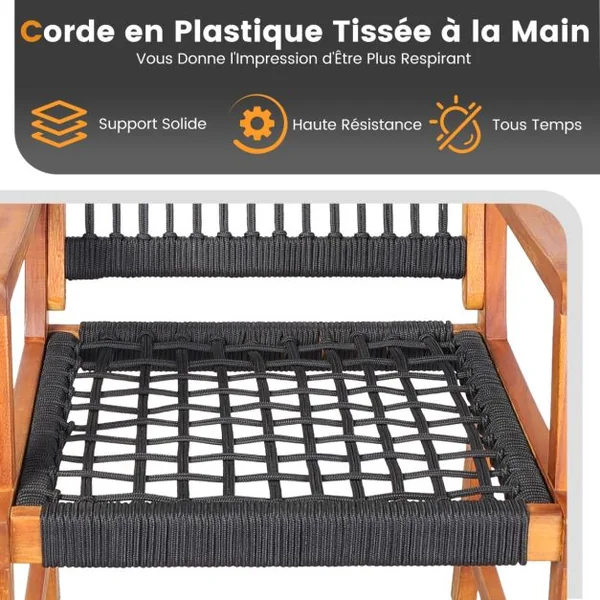 Salon de Jardin en Bois d’Acacia et en Plastique 2 Fauteuils et 1 Table Basse Résistante aux Intempéries Charge 160KG