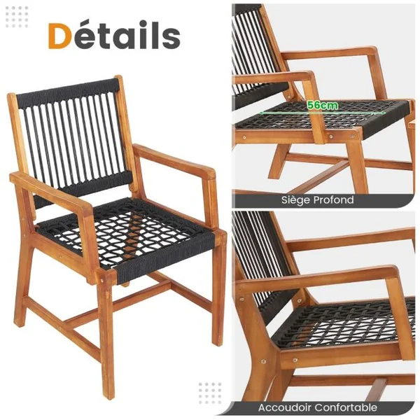 Salon de Jardin en Bois d’Acacia et en Plastique 2 Fauteuils et 1 Table Basse Résistante aux Intempéries Charge 160KG