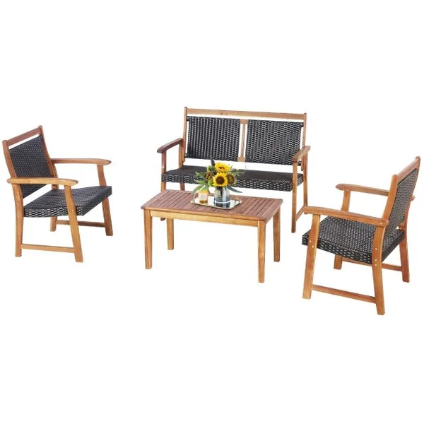Salon de Jardin en Bois d'Acacia et Rotin PE 2 Fauteuils 1 Banc et 1 Table Basse Résistant aux Intempéries Marron