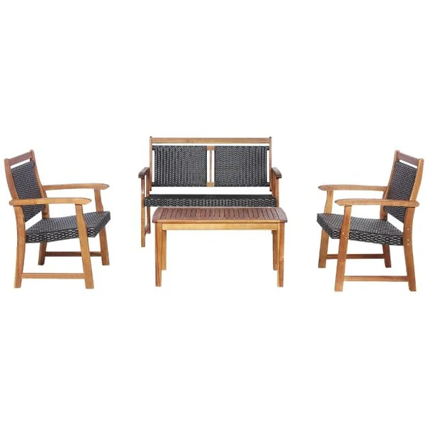 Salon de Jardin en Bois d'Acacia et Rotin PE 2 Fauteuils 1 Banc et 1 Table Basse Résistant aux Intempéries Marron