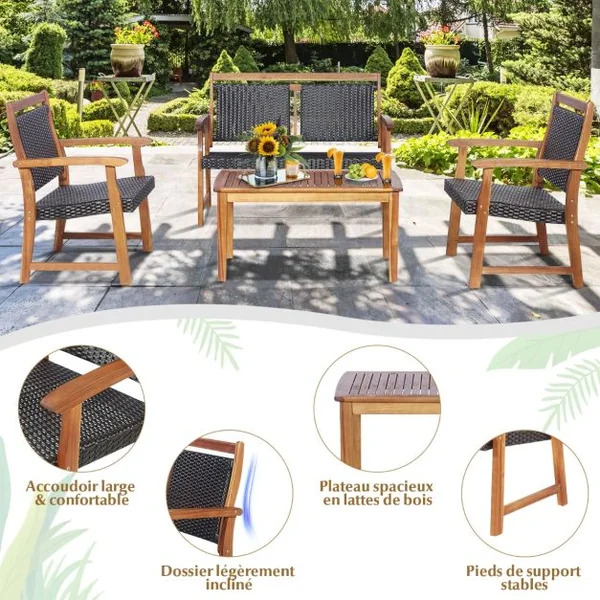 Salon de Jardin en Bois d'Acacia et Rotin PE 2 Fauteuils 1 Banc et 1 Table Basse Résistant aux Intempéries Marron