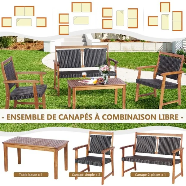 Salon de Jardin en Bois d'Acacia et Rotin PE 2 Fauteuils 1 Banc et 1 Table Basse Résistant aux Intempéries Marron
