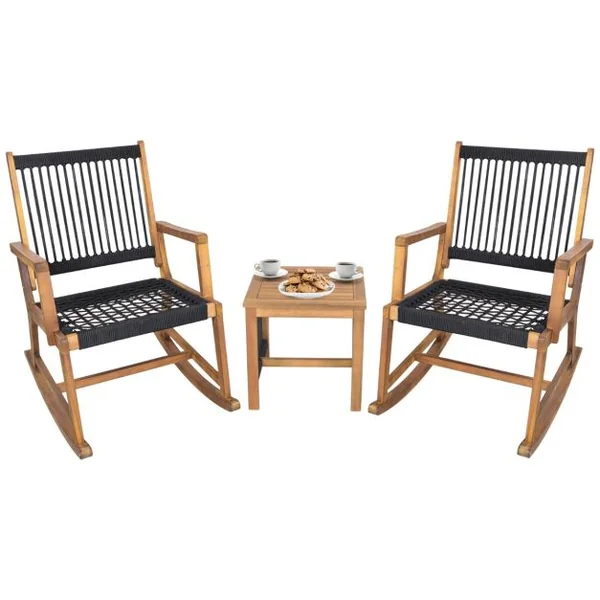 Salon de Jardin en Bois d’Acacia et Tissé en Corde 2 Fauteuils à Bascule et 1 Table Basse Résistant aux Intempéries