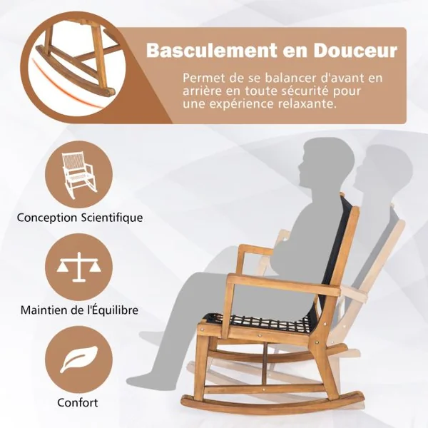 Salon de Jardin en Bois d’Acacia et Tissé en Corde 2 Fauteuils à Bascule et 1 Table Basse Résistant aux Intempéries