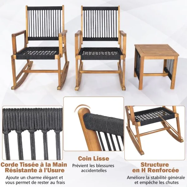 Salon de Jardin en Bois d’Acacia et Tissé en Corde 2 Fauteuils à Bascule et 1 Table Basse Résistant aux Intempéries