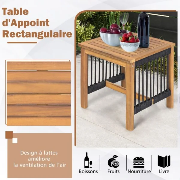 Salon de Jardin en Bois d’Acacia et Tissé en Corde 2 Fauteuils à Bascule et 1 Table Basse Résistant aux Intempéries