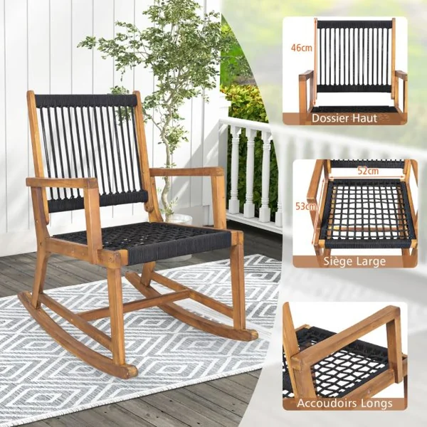 Salon de Jardin en Bois d’Acacia et Tissé en Corde 2 Fauteuils à Bascule et 1 Table Basse Résistant aux Intempéries