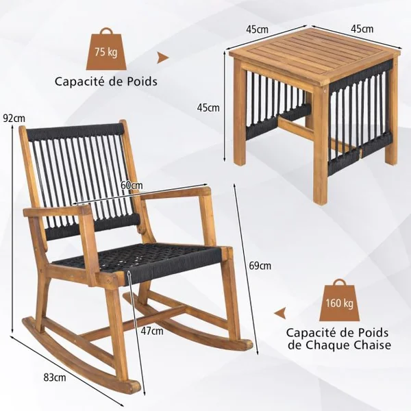 Salon de Jardin en Bois d’Acacia et Tissé en Corde 2 Fauteuils à Bascule et 1 Table Basse Résistant aux Intempéries