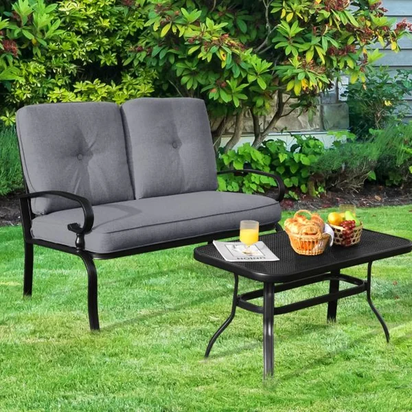 Salon de Jardin en Métal 2 Pièces avec Table Basse et Coussin en Éponge Ensemble de Canapés de Terrasse pour 2 Personnes