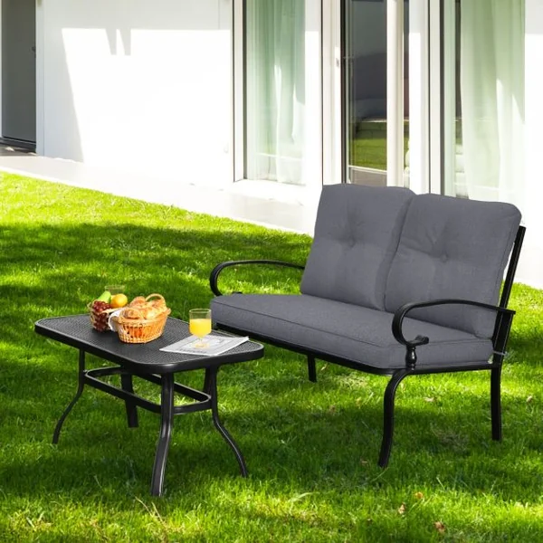 Salon de Jardin en Métal 2 Pièces avec Table Basse et Coussin en Éponge Ensemble de Canapés de Terrasse pour 2 Personnes