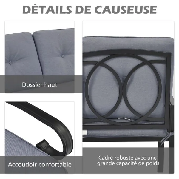 Salon de Jardin en Métal 2 Pièces avec Table Basse et Coussin en Éponge Ensemble de Canapés de Terrasse pour 2 Personnes