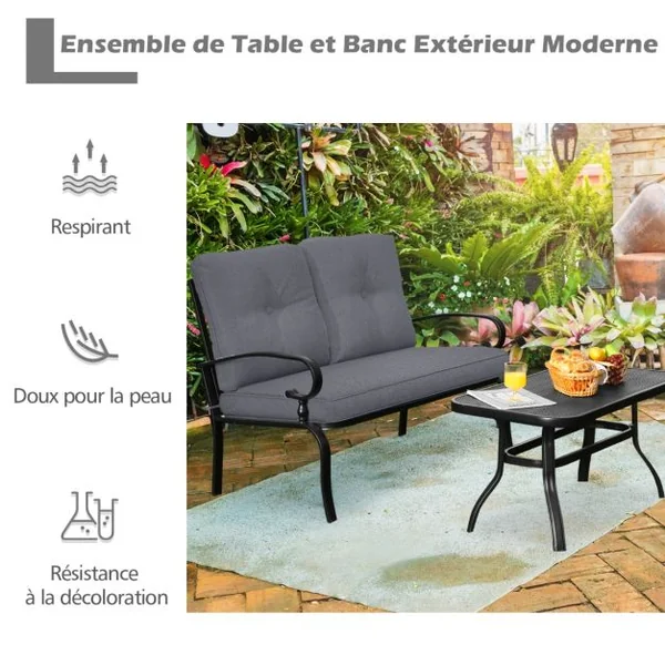 Salon de Jardin en Métal 2 Pièces avec Table Basse et Coussin en Éponge Ensemble de Canapés de Terrasse pour 2 Personnes