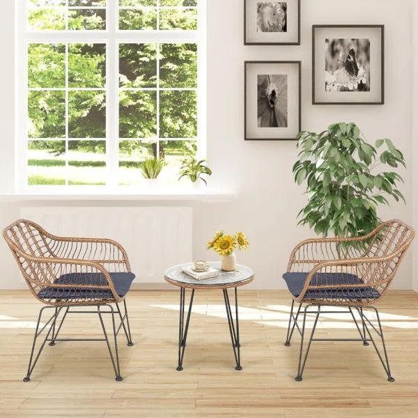 Salon de Jardin en Rotin 2 Fauteuil + 1 Table Basse Coussins Amovibles Style Bali Coloris Gris