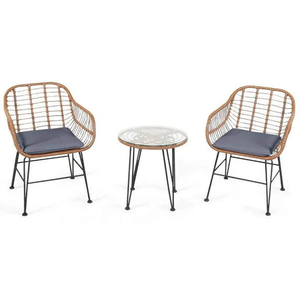 Salon de Jardin en Rotin 2 Fauteuil + 1 Table Basse Coussins Amovibles Style Bali Coloris Gris