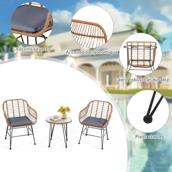 Salon de Jardin en Rotin 2 Fauteuil + 1 Table Basse Coussins Amovibles Style Bali Coloris Gris