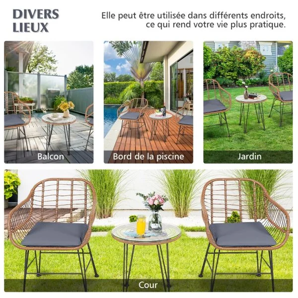 Salon de Jardin en Rotin 2 Fauteuil + 1 Table Basse Coussins Amovibles Style Bali Coloris Gris