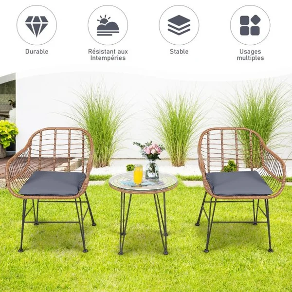 Salon de Jardin en Rotin 2 Fauteuil + 1 Table Basse Coussins Amovibles Style Bali Coloris Gris