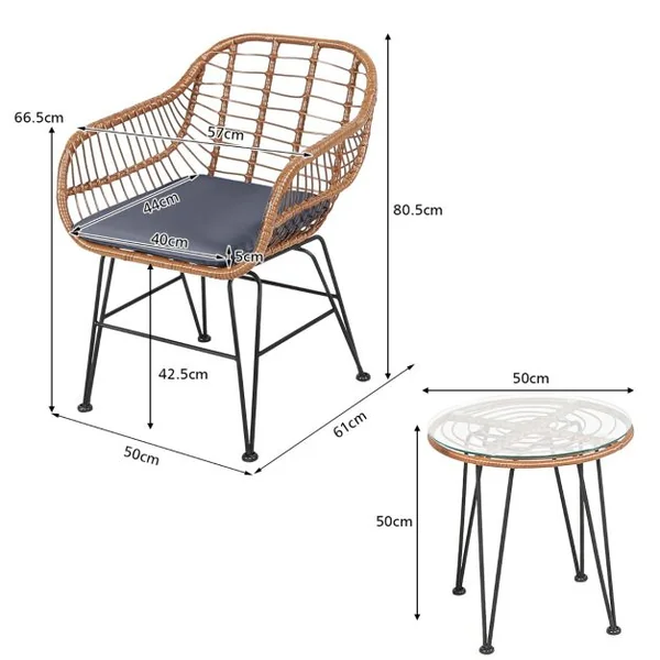 Salon de Jardin en Rotin 2 Fauteuil + 1 Table Basse Coussins Amovibles Style Bali Coloris Gris